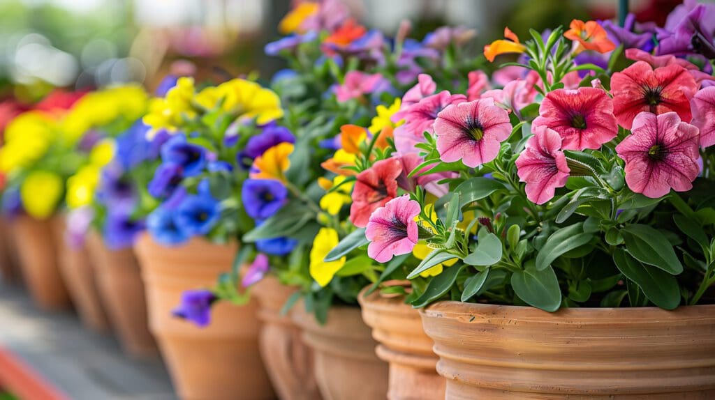 Rows of terracotta pots filled with vibrant flowers, including pink, yellow, and blue blossoms, are arranged on a shelf. This colorful display creates a cheerful and lively atmosphere reminiscent of a landscaper's artful touch, with green leaves complementing the bright petals.