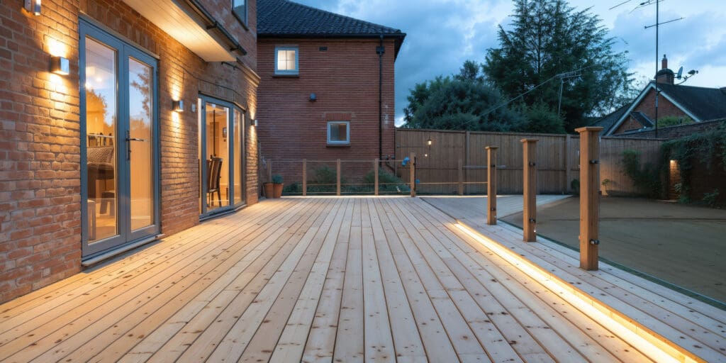 A spacious wooden deck attached to a brick house, illuminated by warm lights on a cloudy evening, showcases exquisite decking. Glass doors lead inside, and new fencing surrounds the yard. Trees and neighboring houses are visible in the background.