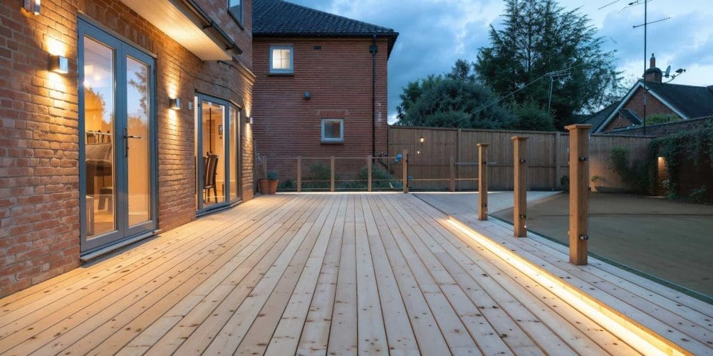 A spacious modern wooden deck with built-in lighting, attached to a brick house. Glass doors open onto the deck, with a railing and trees visible in the background at dusk.